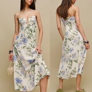 Reformation Emely Dress Midi Length Serenity Ivory Lilac Floral Lace Up French